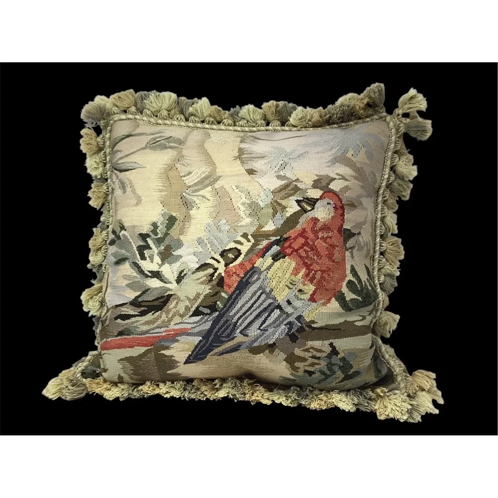 Wool Tapestry Pillow W/ Tassels Parrot Bird On A Branch Feather Stuffed20x20